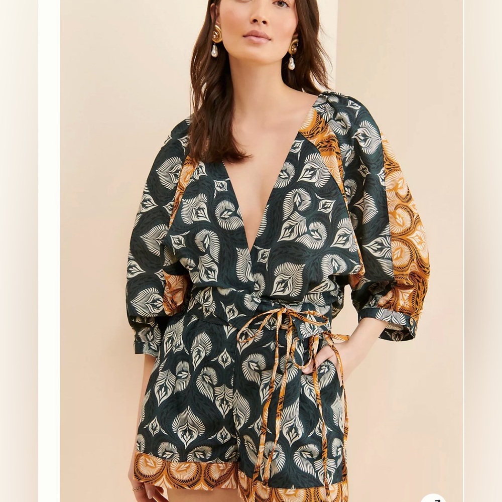 Aqua Bendita Anthropologie Linnea Coerup Romper Printed Tie-Waist M